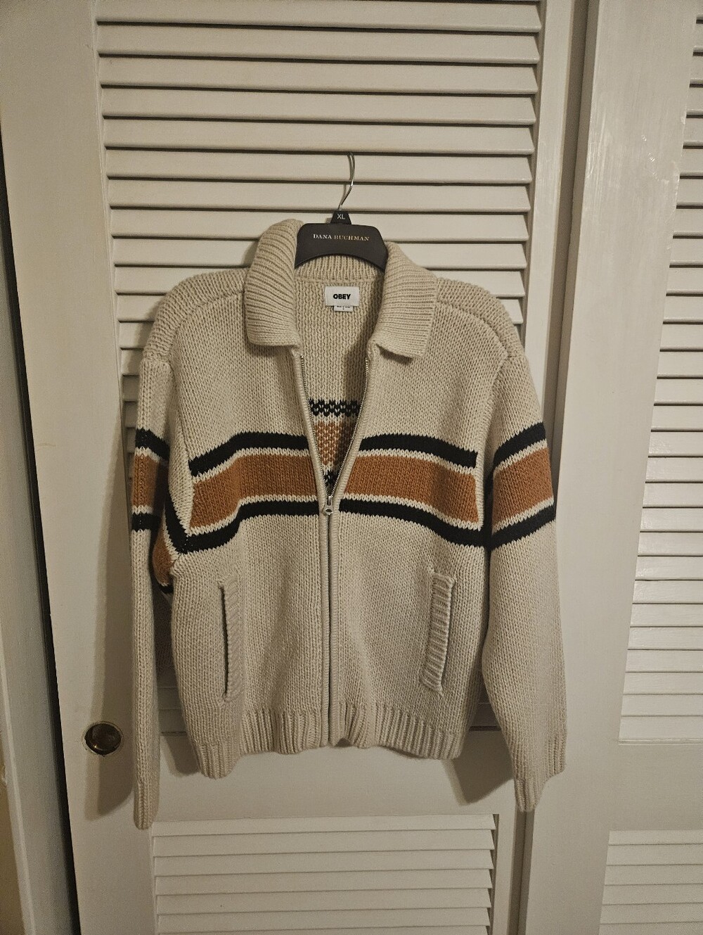 Obey Men’s Cream Zip-Up Knit Sweater with Brown and Black Stripes Vintage/heavy